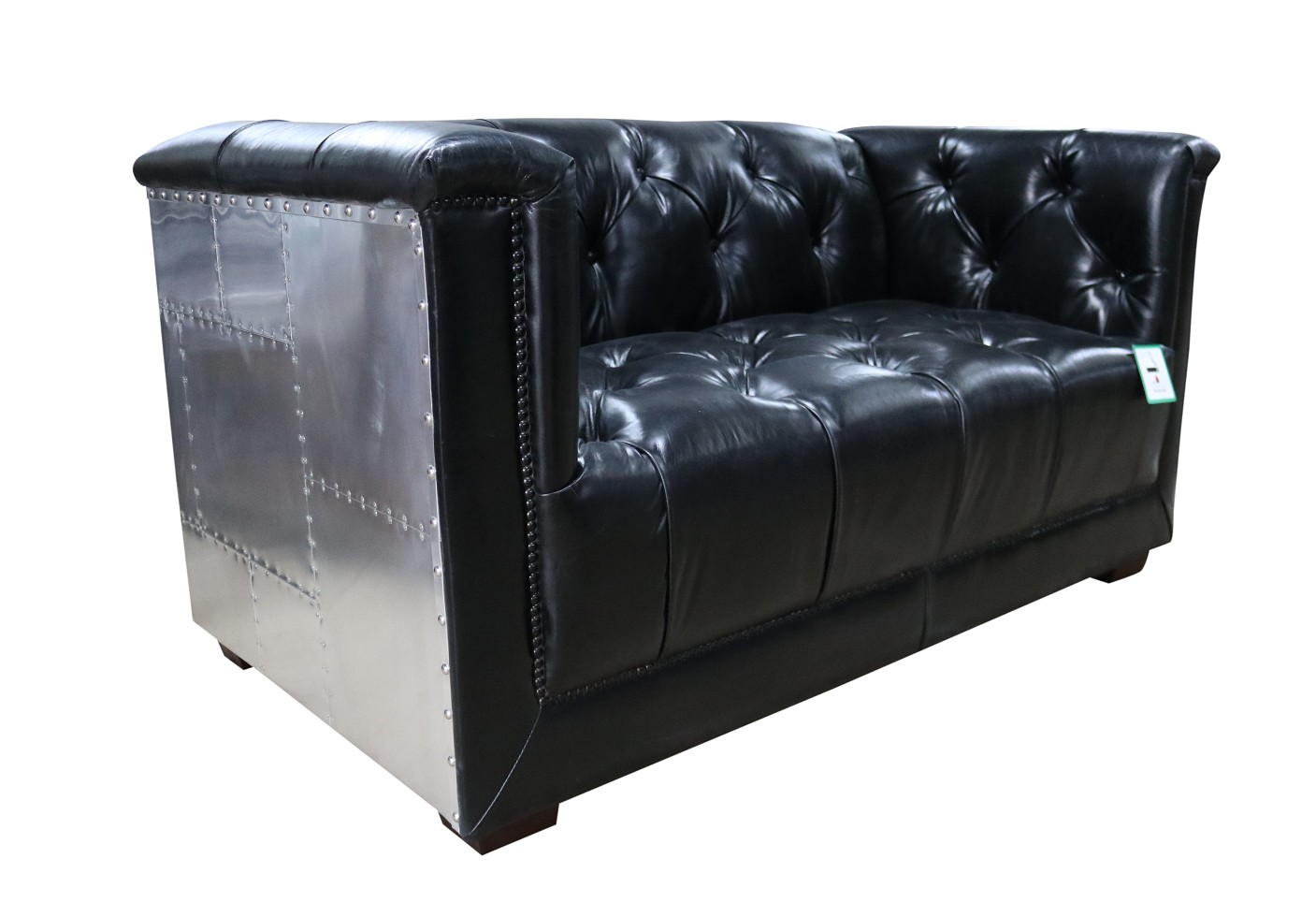 Product photograph of Vintage Spitfire Chesterfield 2 Seater Aluminium Sofa Black Distressed Real Leather from Chesterfield Sofas