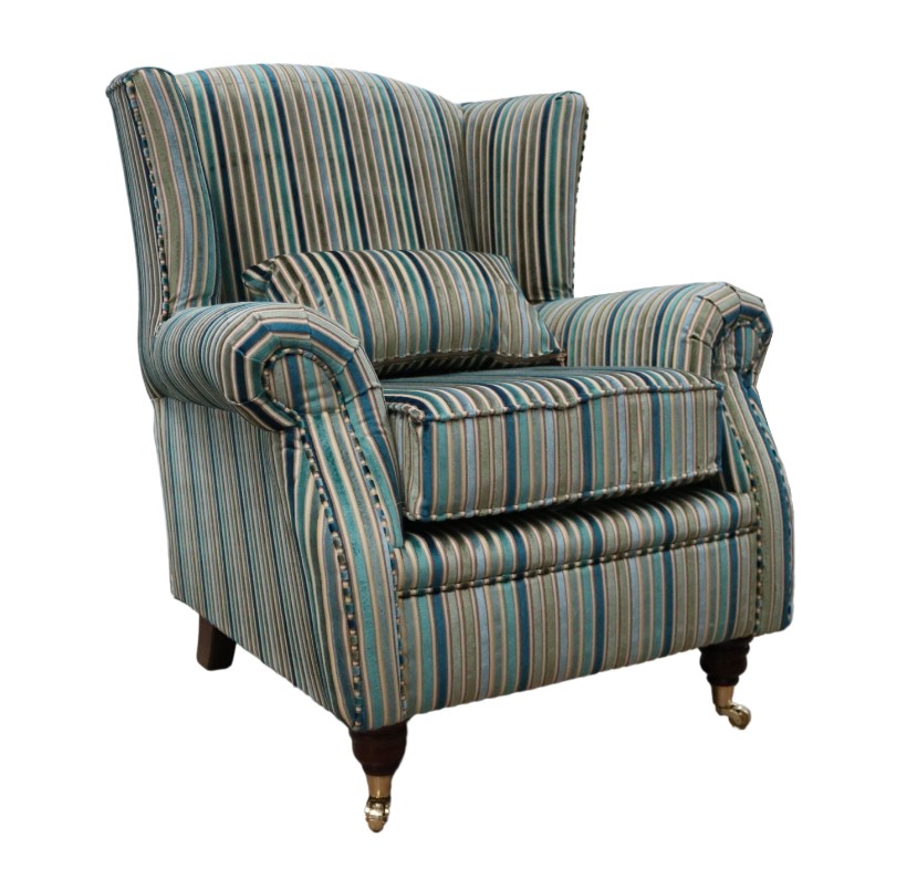 Product photograph of Wing Chair Genuine Fireside High Back Armchair Aqua Stripe Real Velvet Fabric from Chesterfield Sofas.
