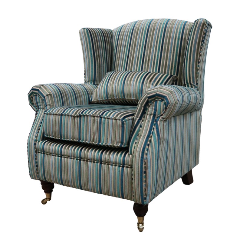 Product photograph of Wing Chair Genuine Fireside High Back Armchair Aqua Stripe Real Velvet Fabric from Chesterfield Sofas.