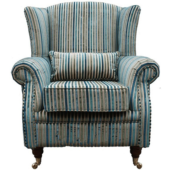 Product photograph of Wing Chair Genuine Fireside High Back Armchair Aqua Stripe Real Velvet Fabric from Chesterfield Sofas