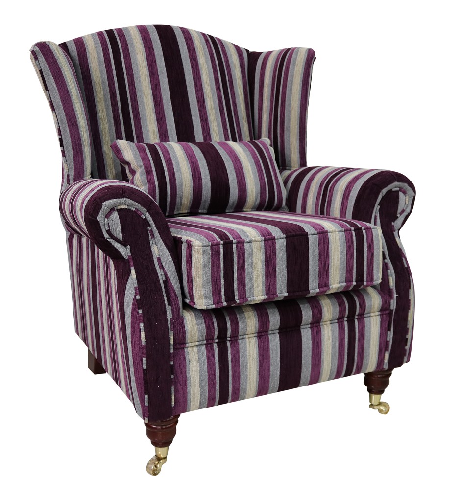 Product photograph of Wing Chair Handmade Fireside High Back Armchair Justin Stripe Aubergine Real Fabric from Chesterfield Sofas