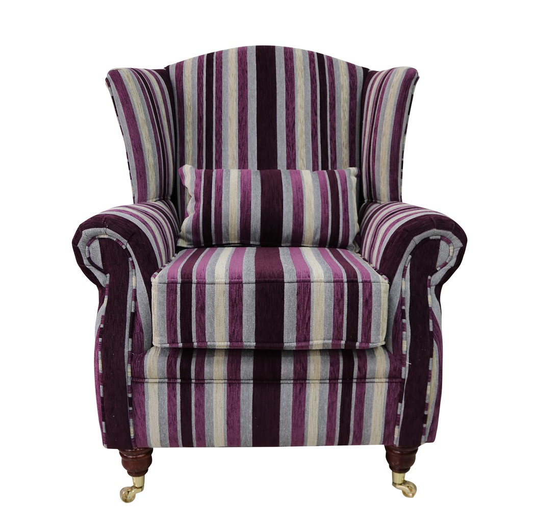Product photograph of Wing Chair Handmade Fireside High Back Armchair Justin Stripe Aubergine Real Fabric from Chesterfield Sofas.