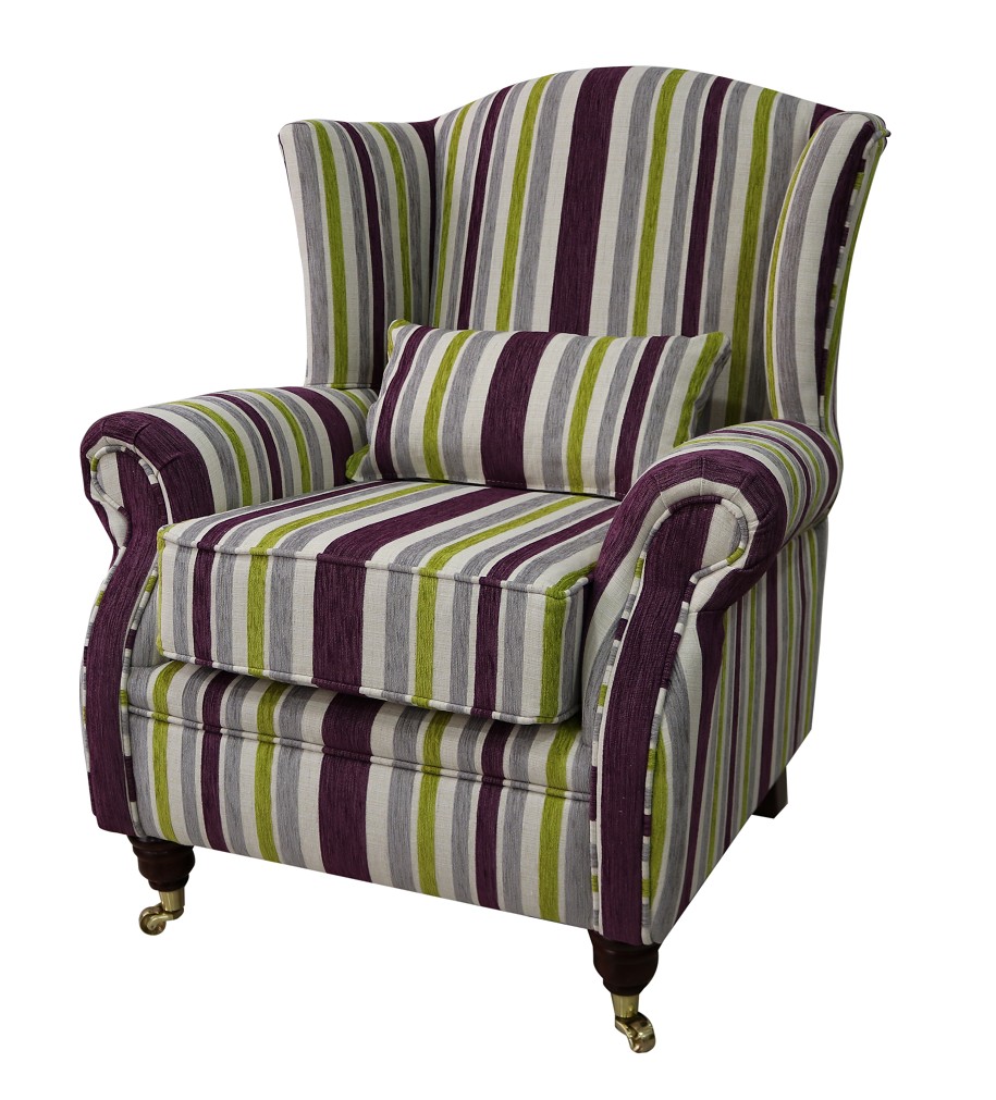 Product photograph of Wing Chair Handmade Fireside High Back Armchair Justin Stripe Lilac Real Fabric from Chesterfield Sofas.