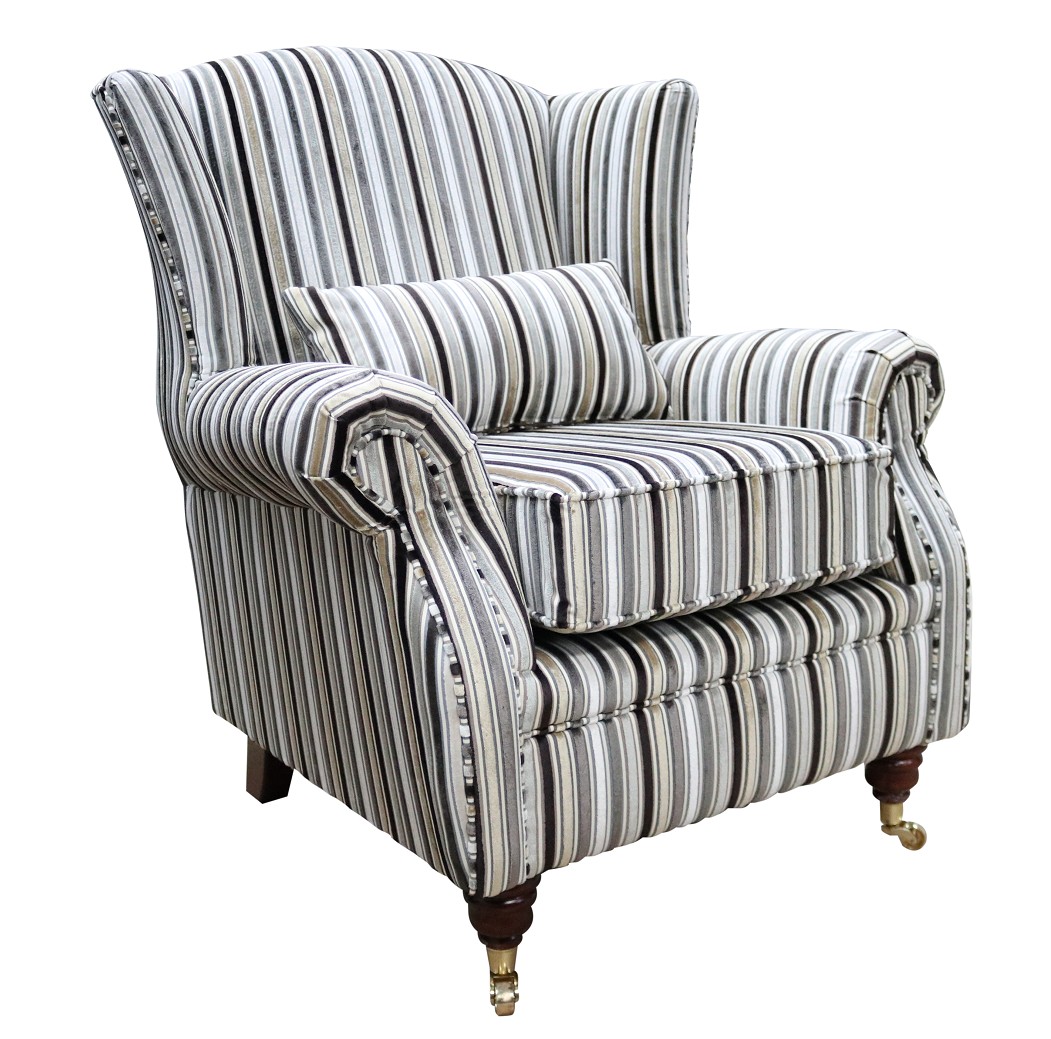 Product photograph of Wing Chair Handmade Fireside High Back Armchair Riga Stripe Natural Real Fabric from Chesterfield Sofas