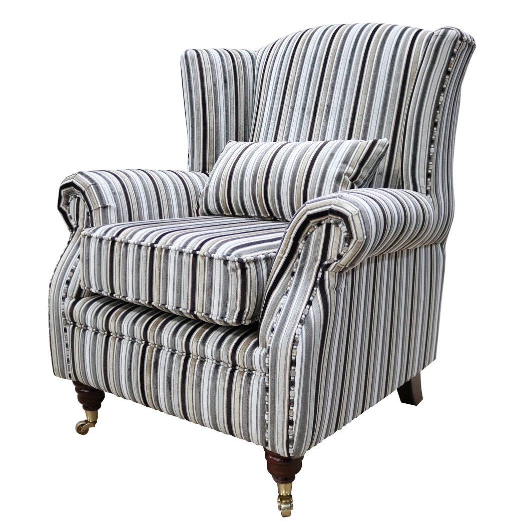 Product photograph of Wing Chair Handmade Fireside High Back Armchair Riga Stripe Natural Real Fabric from Chesterfield Sofas.