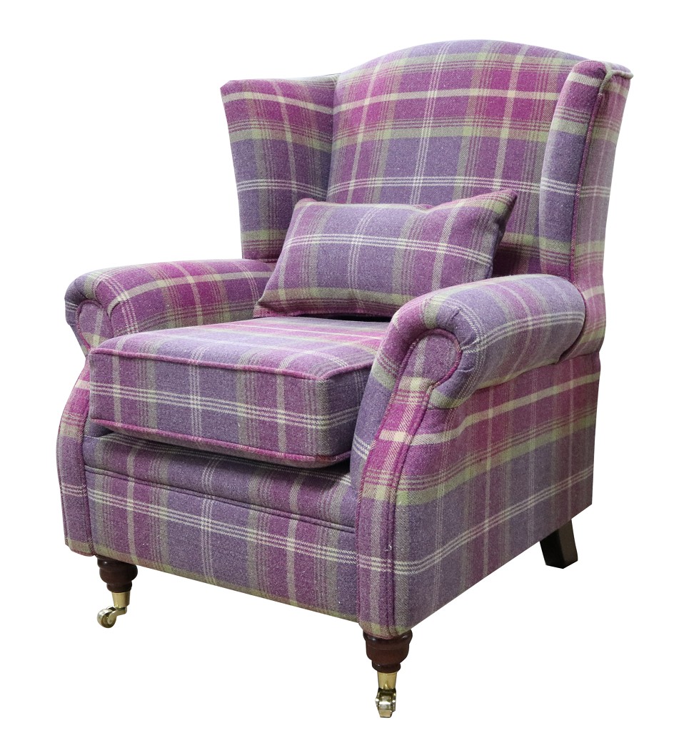 Product photograph of Wing Chair Original Fireside High Back Armchair P Amp S Balmoral Amethyst Check Real Fabric from Chesterfield Sofas.