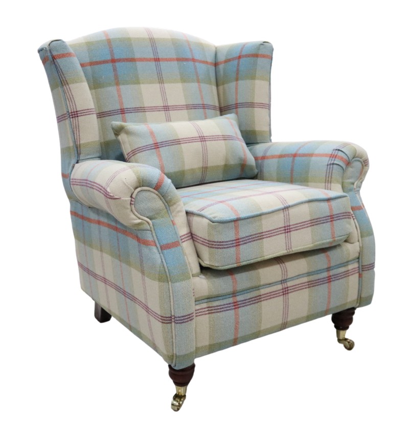 Product photograph of Wing Chair Original Fireside High Back Armchair P Amp S Balmoral Aqua Blue Check Real Fabric from Chesterfield Sofas.