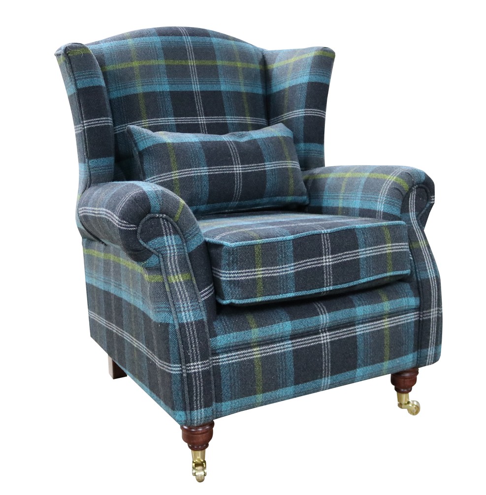 Product photograph of Wing Chair Original Fireside High Back Armchair P Amp S Balmoral Azure Blue Check Real Fabric from Chesterfield Sofas