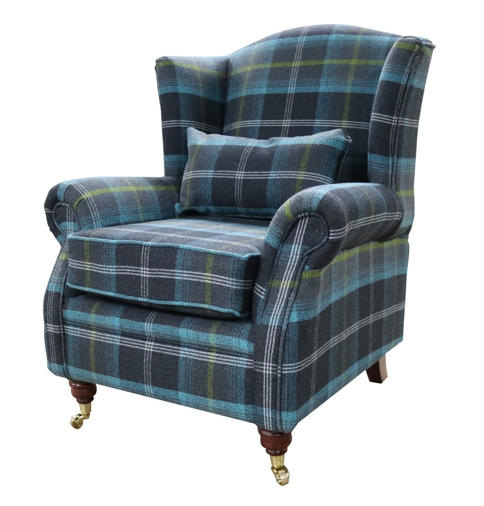 Product photograph of Wing Chair Original Fireside High Back Armchair P Amp S Balmoral Azure Blue Check Real Fabric from Chesterfield Sofas.
