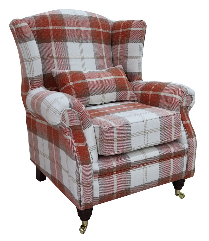 Product photograph of Wing Chair Original Fireside High Back Armchair P Amp S Balmoral Burnt Orange Check Real Fabric from Chesterfield Sofas