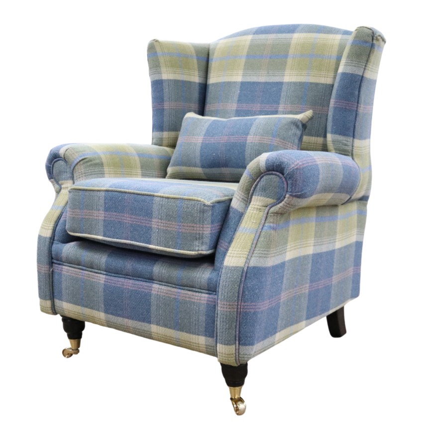 Product photograph of Wing Chair Original Fireside High Back Armchair P Amp S Balmoral Chambray Check Real Fabric from Chesterfield Sofas.
