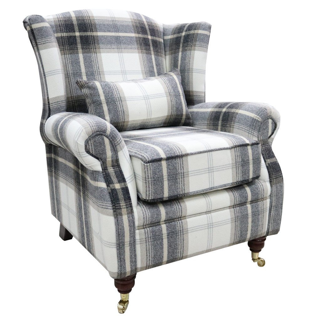 Product photograph of Wing Chair Original Fireside High Back Armchair P Amp S Balmoral Charcoal Check Real Fabric from Chesterfield Sofas