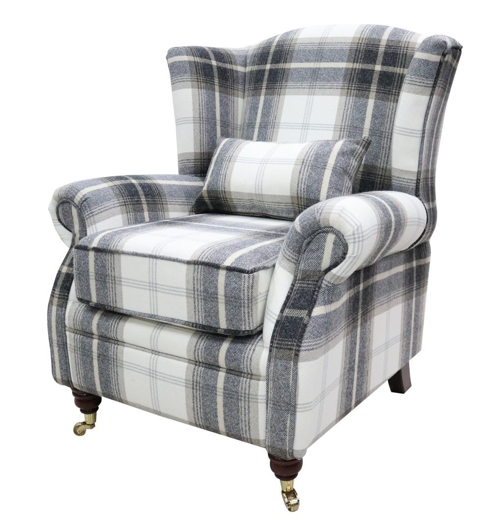 Product photograph of Wing Chair Original Fireside High Back Armchair P Amp S Balmoral Charcoal Check Real Fabric from Chesterfield Sofas.