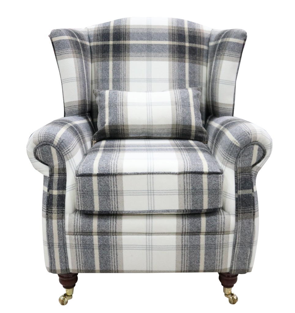 Product photograph of Wing Chair Original Fireside High Back Armchair P Amp S Balmoral Charcoal Check Real Fabric from Chesterfield Sofas.