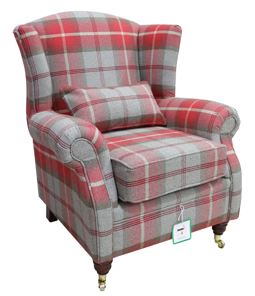 Product photograph of Wing Chair Original Fireside High Back Armchair P Amp S Balmoral Cherry Check Real Fabric from Chesterfield Sofas