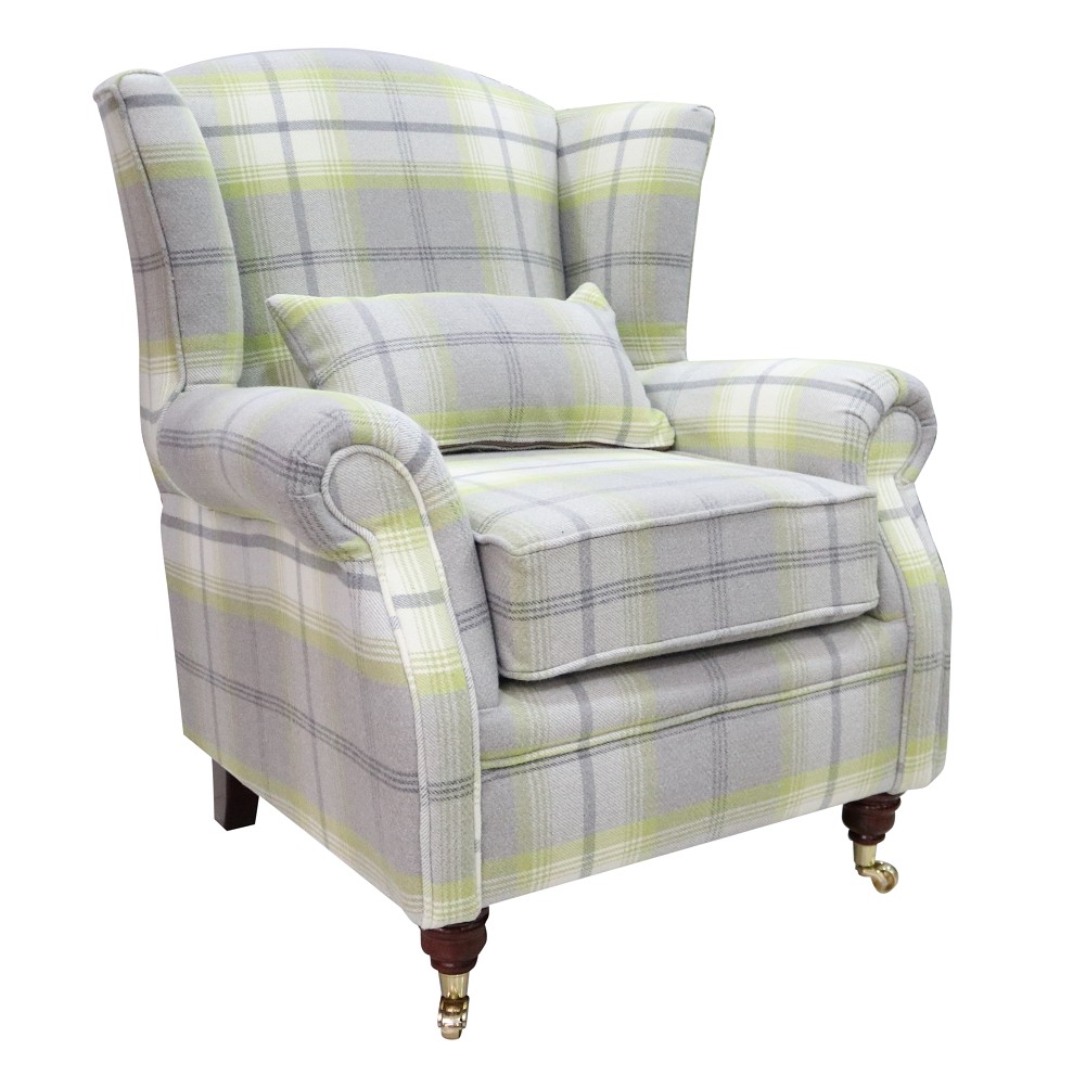 Product photograph of Wing Chair Original Fireside High Back Armchair P Amp S Balmoral Citrus Green Check Real Fabric from Chesterfield Sofas