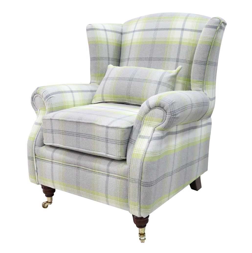 Product photograph of Wing Chair Original Fireside High Back Armchair P Amp S Balmoral Citrus Green Check Real Fabric from Chesterfield Sofas.