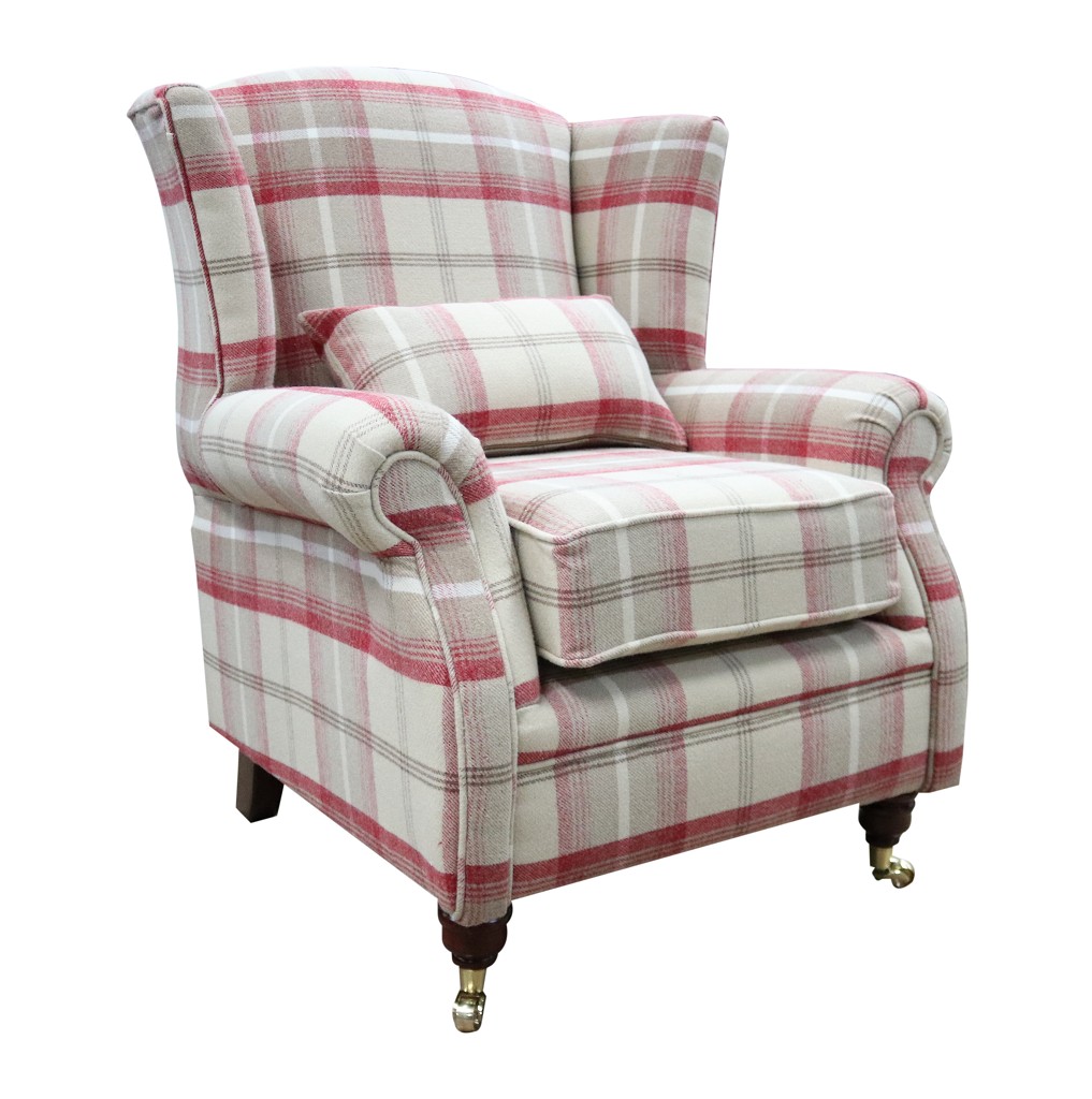 Product photograph of Wing Chair Original Fireside High Back Armchair P Amp S Balmoral Cranberry Check Real Fabric from Chesterfield Sofas