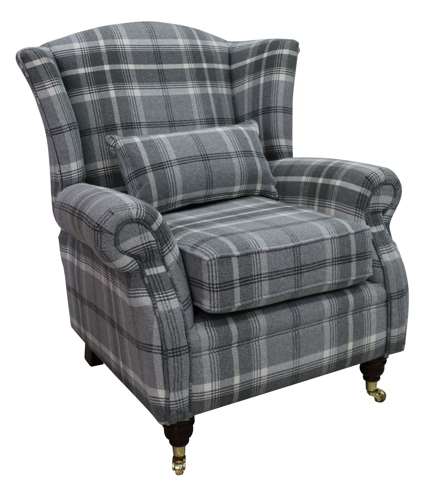 Product photograph of Wing Chair Original Fireside High Back Armchair P Amp S Balmoral Dove Grey Check Real Fabric from Chesterfield Sofas