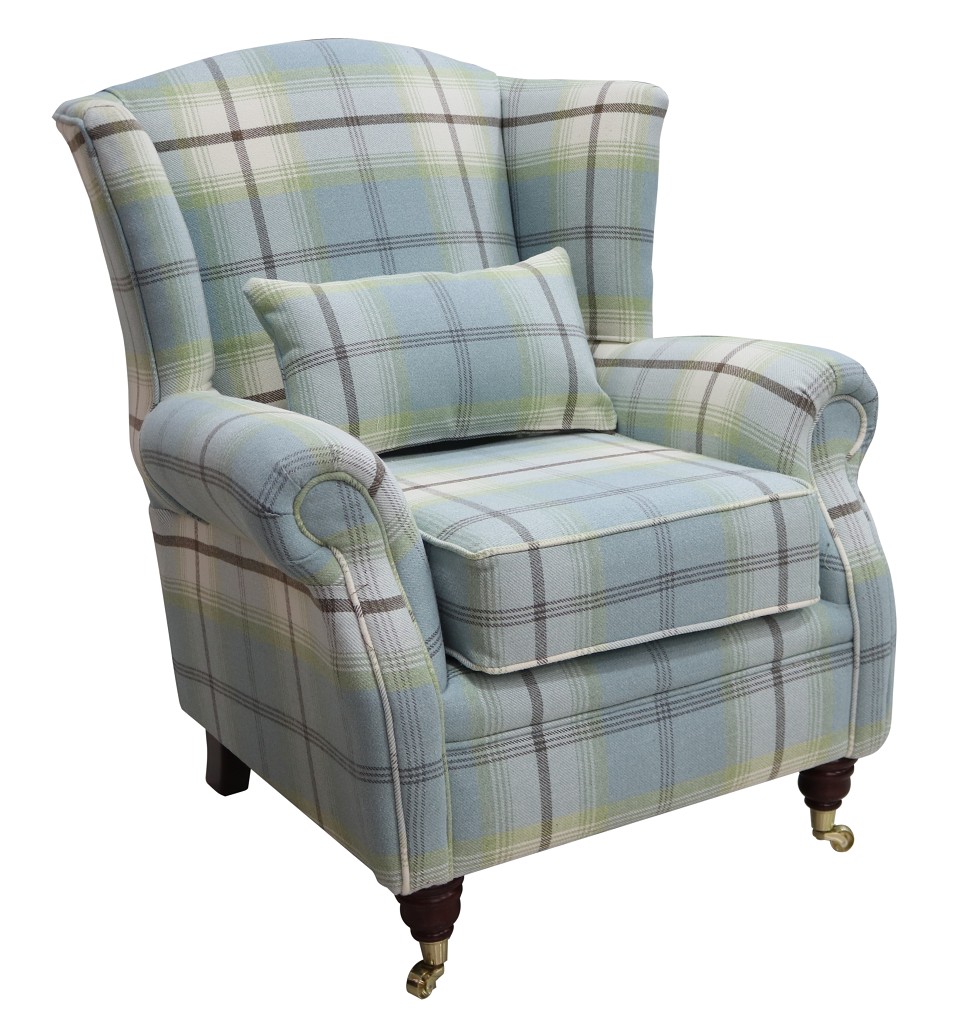 Product photograph of Wing Chair Original Fireside High Back Armchair P Amp S Balmoral Duck Egg Blue Check Real Fabric from Chesterfield Sofas.