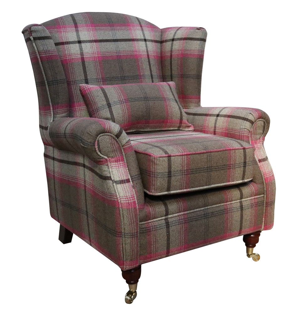 Product photograph of Wing Chair Original Fireside High Back Armchair P Amp S Balmoral Fuchsia Pink Check Real Fabric from Chesterfield Sofas