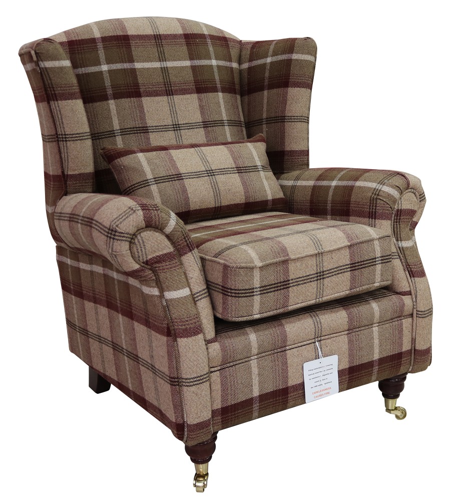 Product photograph of Wing Chair Original Fireside High Back Armchair P Amp S Balmoral Mulberry Check Real Fabric from Chesterfield Sofas