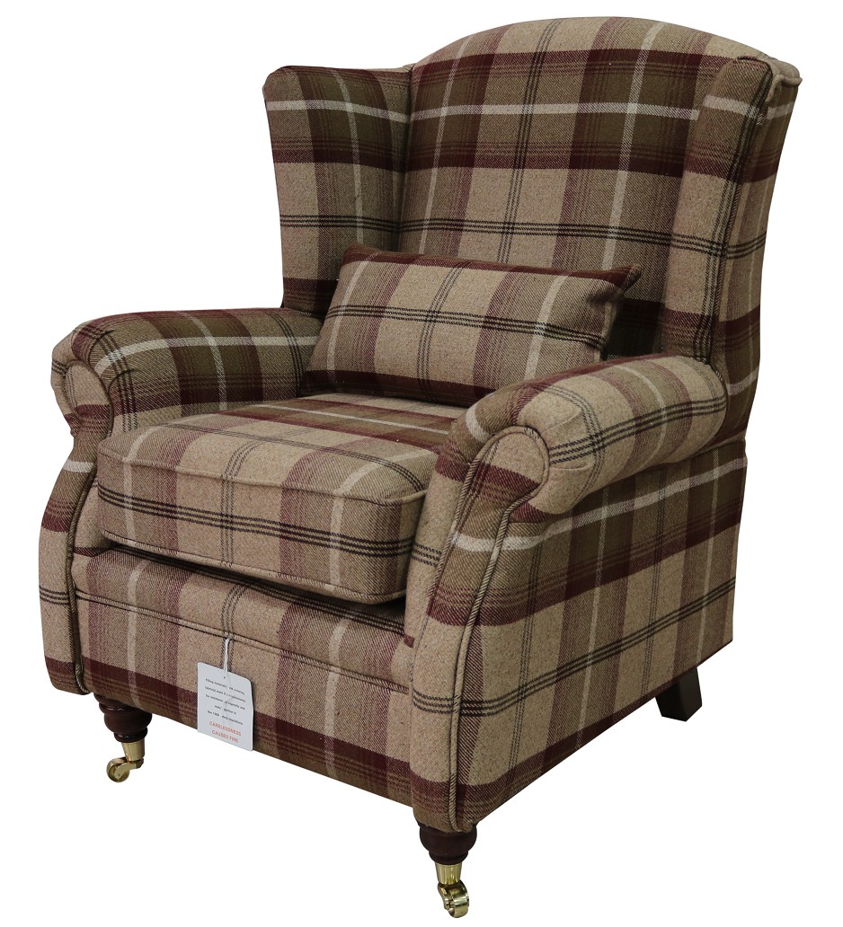 Product photograph of Wing Chair Original Fireside High Back Armchair P Amp S Balmoral Mulberry Check Real Fabric from Chesterfield Sofas.