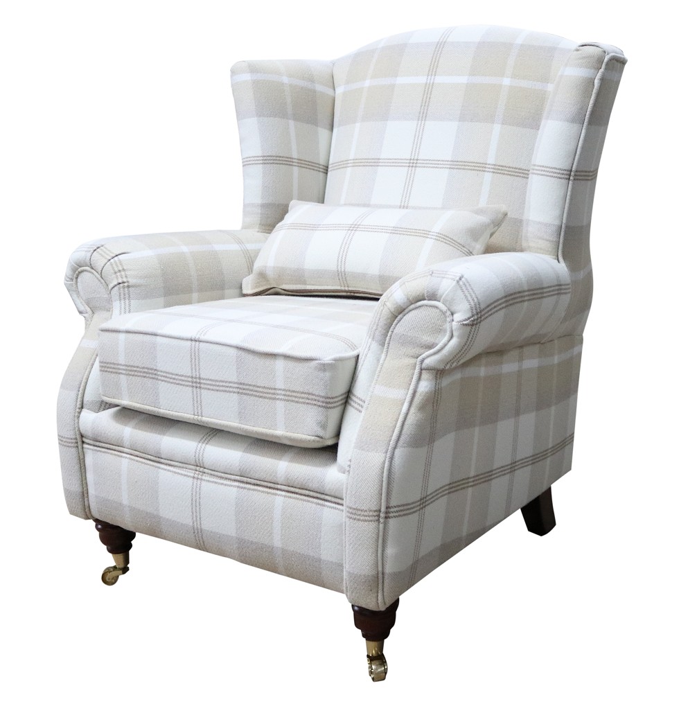 Product photograph of Wing Chair Original Fireside High Back Armchair P Amp S Balmoral Natural Check Real Fabric from Chesterfield Sofas.