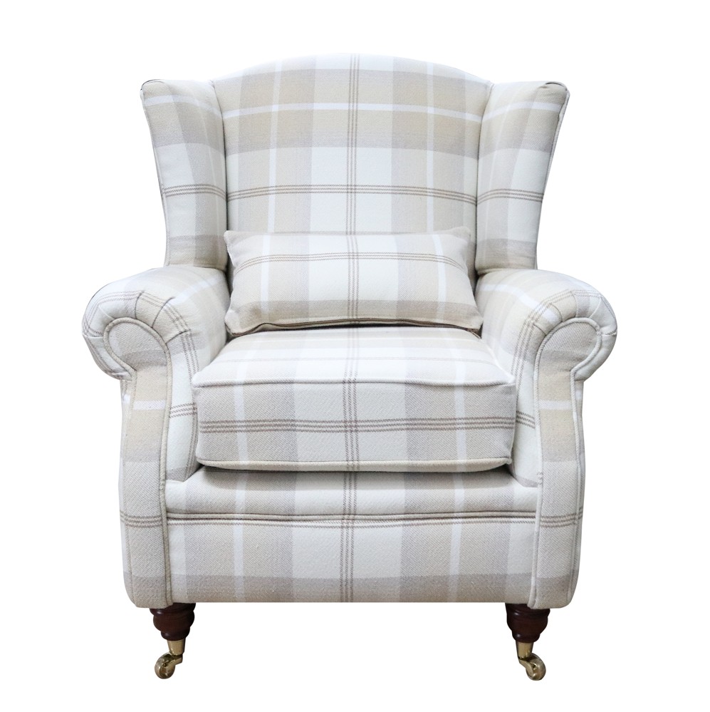 Product photograph of Wing Chair Original Fireside High Back Armchair P Amp S Balmoral Natural Check Real Fabric from Chesterfield Sofas.