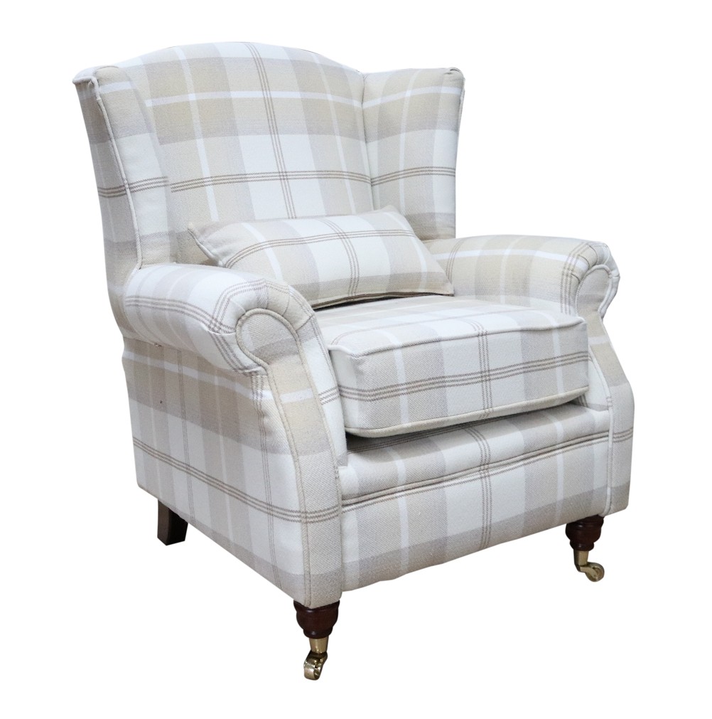 Product photograph of Wing Chair Original Fireside High Back Armchair P Amp S Balmoral Natural Check Real Fabric from Chesterfield Sofas