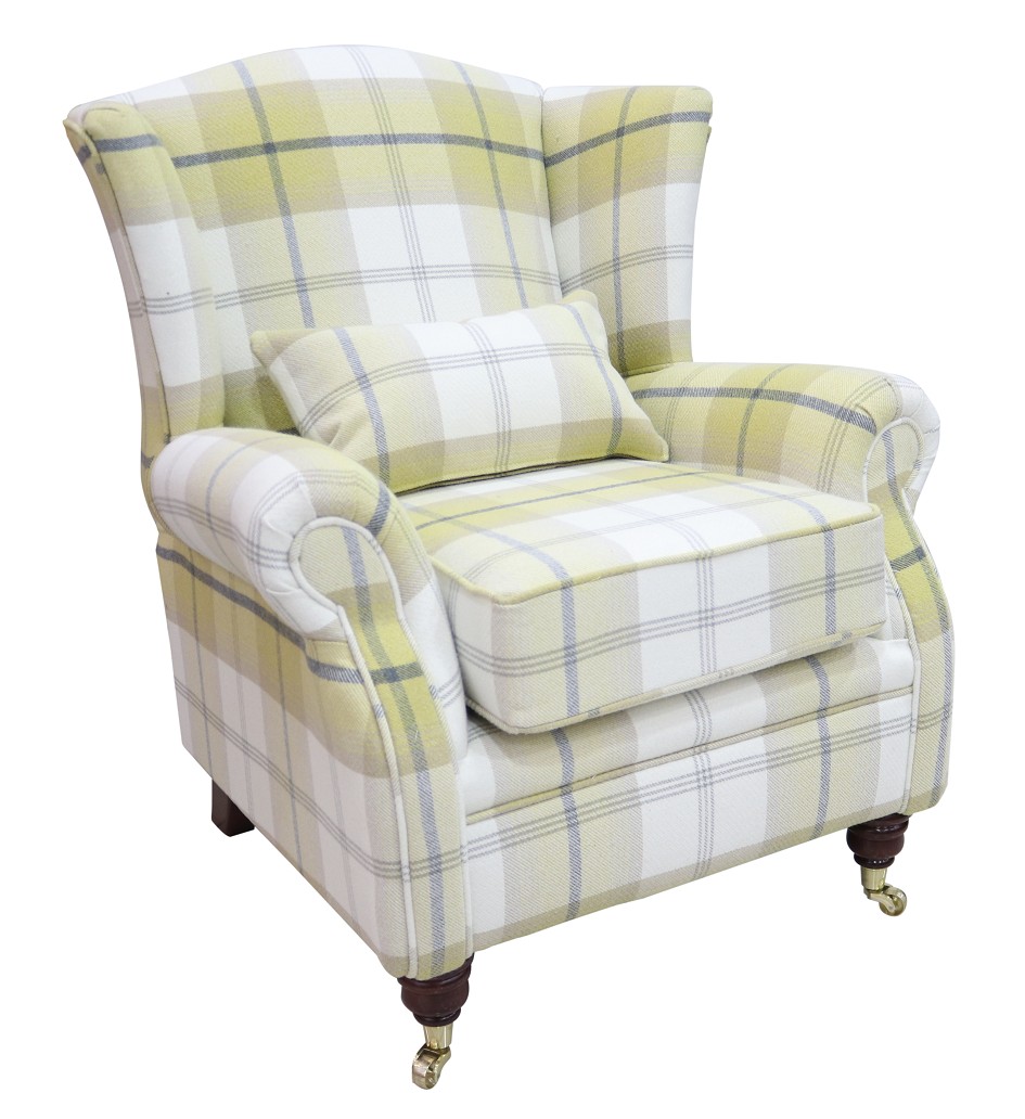 Product photograph of Wing Chair Original Fireside High Back Armchair P Amp S Balmoral Ochre Yellow Check Real Fabric from Chesterfield Sofas.