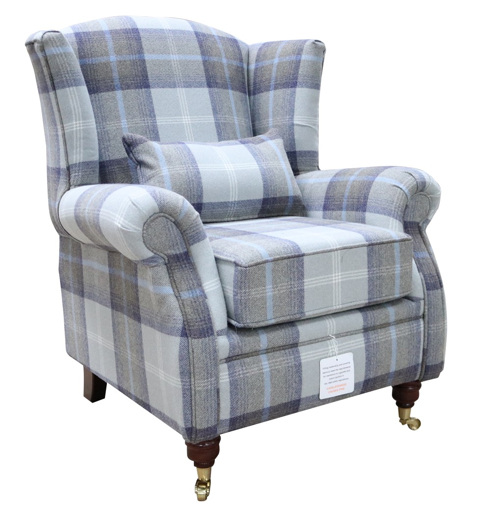 Product photograph of Wing Chair Original Fireside High Back Armchair P Amp S Balmoral Oxford Blue Check Real Fabric from Chesterfield Sofas