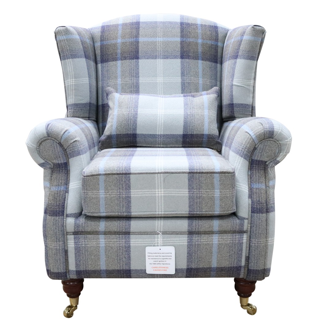 Product photograph of Wing Chair Original Fireside High Back Armchair P Amp S Balmoral Oxford Blue Check Real Fabric from Chesterfield Sofas.
