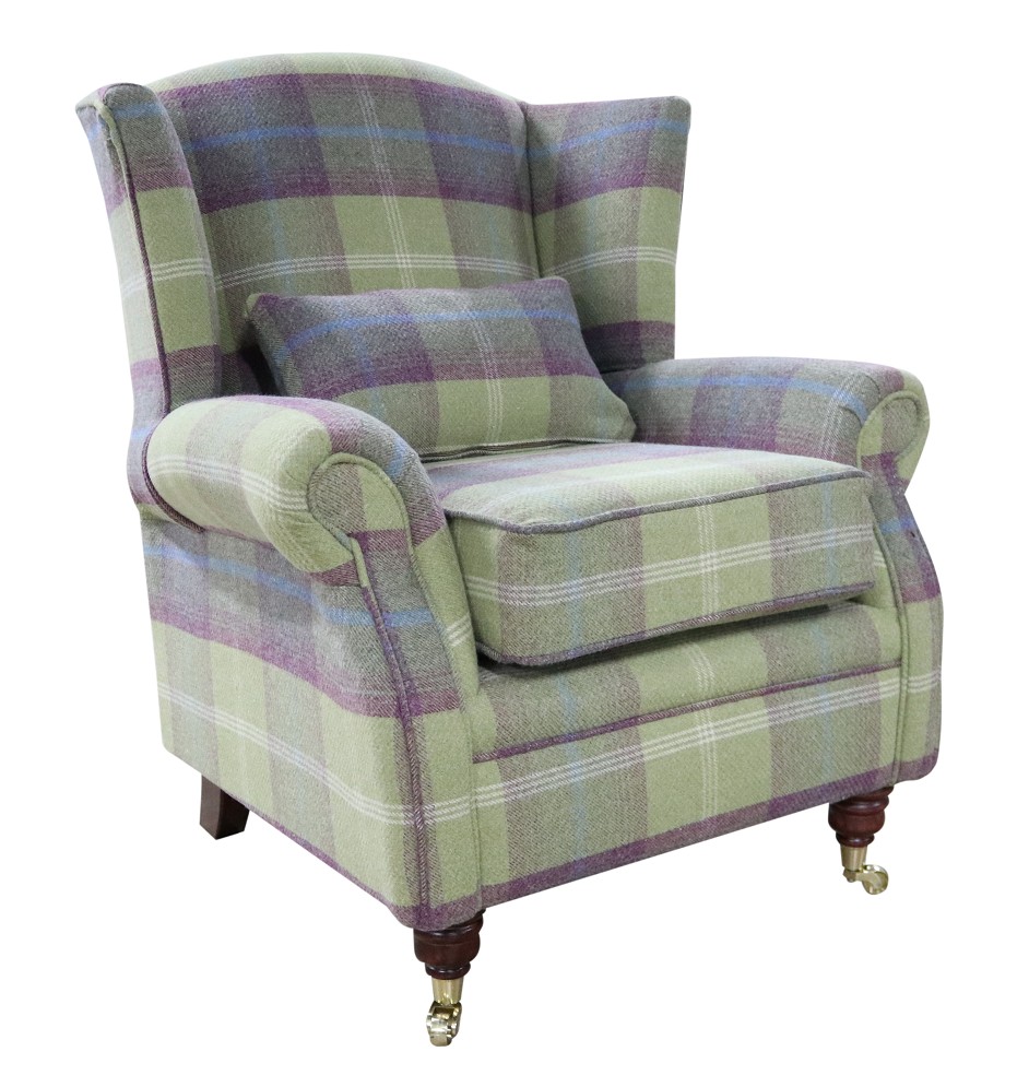 Product photograph of Wing Chair Original Fireside High Back Armchair P Amp S Balmoral Pistachio Check Real Fabric from Chesterfield Sofas