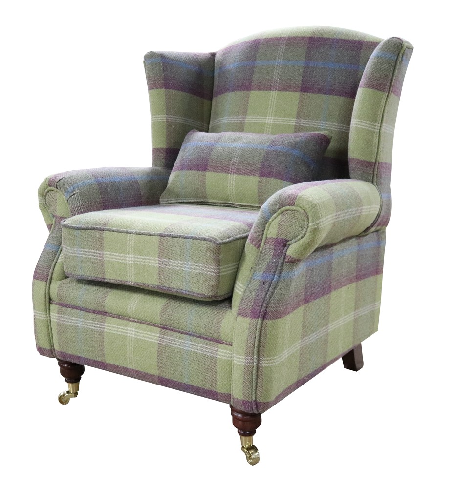 Product photograph of Wing Chair Original Fireside High Back Armchair P Amp S Balmoral Pistachio Check Real Fabric from Chesterfield Sofas.