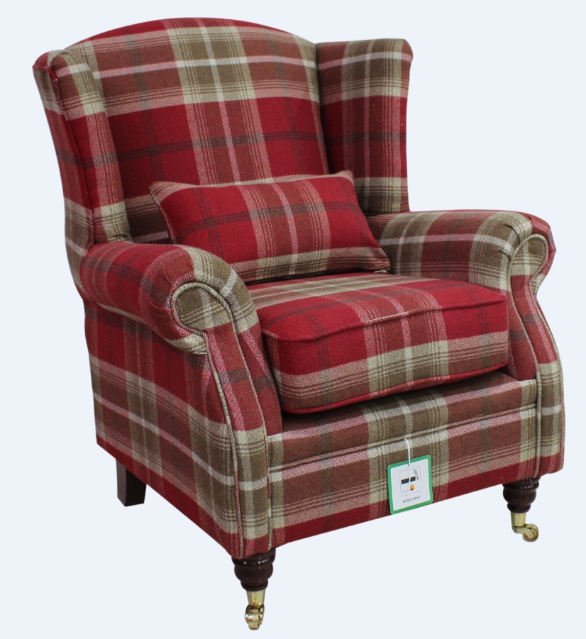 Product photograph of Wing Chair Original Fireside High Back Armchair P Amp S Balmoral Red Check Real Fabric from Chesterfield Sofas