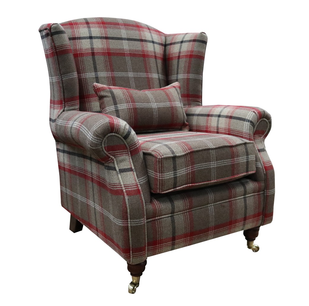 Product photograph of Wing Chair Original Fireside High Back Armchair P Amp S Balmoral Rosso Check Real Fabric from Chesterfield Sofas