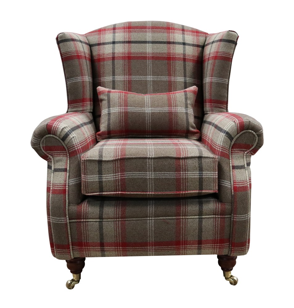 Product photograph of Wing Chair Original Fireside High Back Armchair P Amp S Balmoral Rosso Check Real Fabric from Chesterfield Sofas.