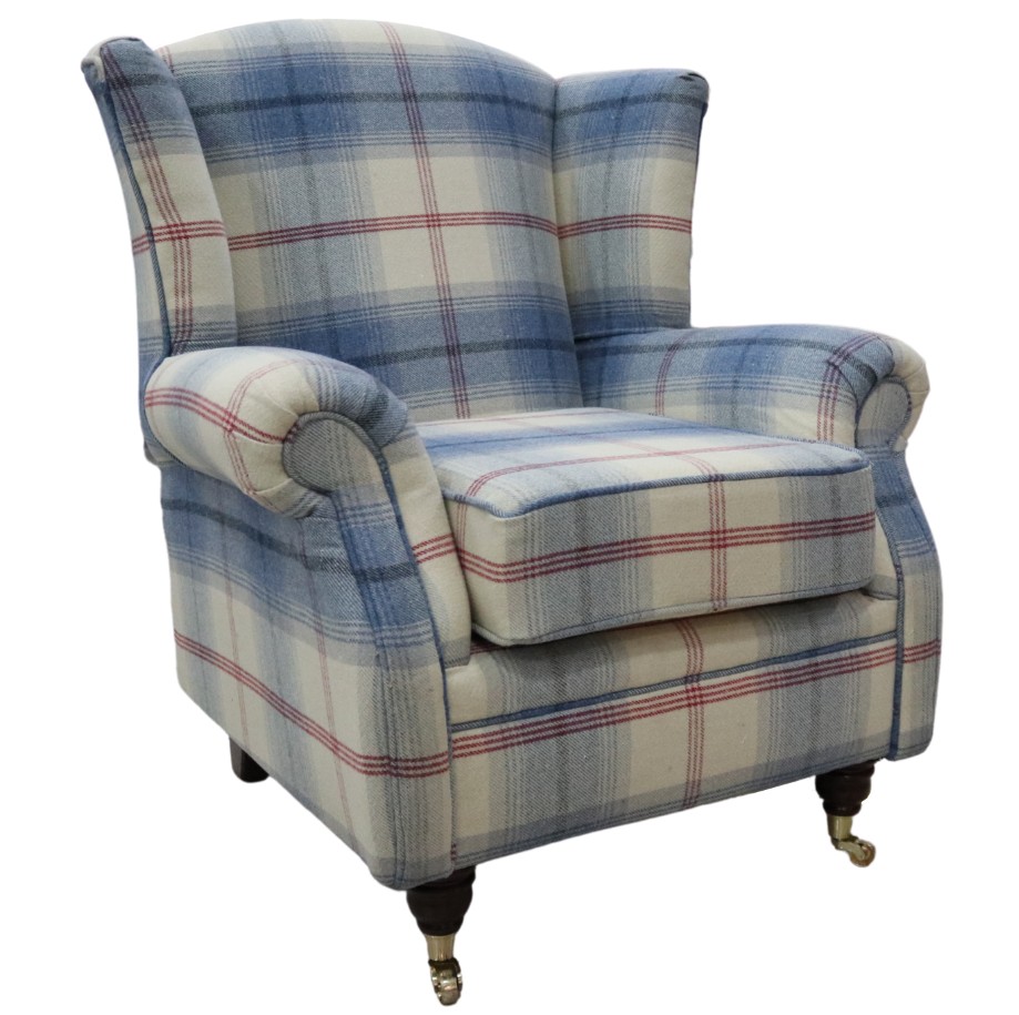 Product photograph of Wing Chair Original Fireside High Back Armchair P Amp S Balmoral Royal Blue Check Real Fabric from Chesterfield Sofas