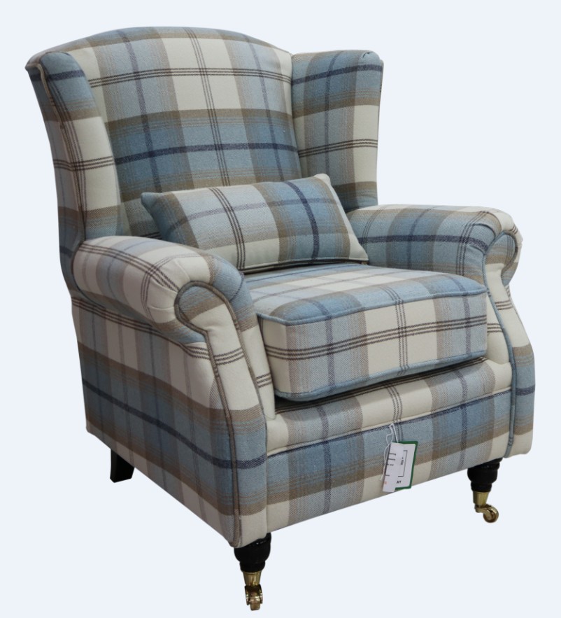 Product photograph of Wing Chair Original Fireside High Back Armchair P Amp S Balmoral Sky Check Real Fabric from Chesterfield Sofas.